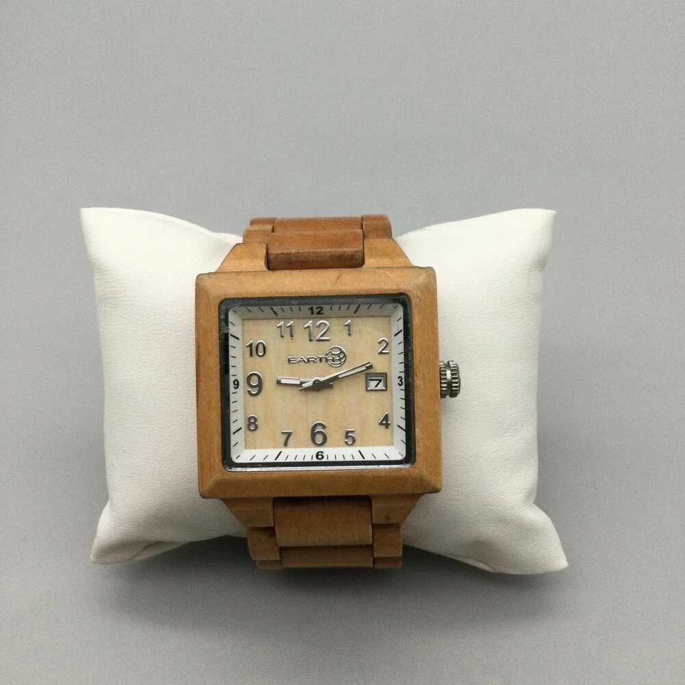 Earth Mens Watch 39mm Beige Wood Square Case Bracelet Date New Battery 6.25
